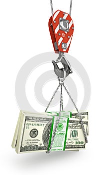 Crane hook holding stack of money
