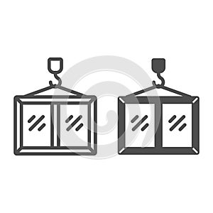 Crane hook with plastic window frame line and solid icon, construction site concept. Vector graphics. Window glass