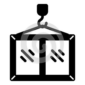 Crane hook with plastic window frame solid icon, construction site concept. Vector graphics. Window glass uplifting sign
