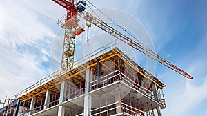 Crane beside incomplete building on construction site under blue sky with space for text