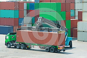 Crane lifter handling container box loading to truck