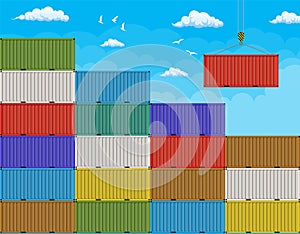 Crane lifting cargo container from large stack