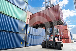 Crane lifting handling up with container box at dockyard, Container loading cargo freight in import and export business logistic