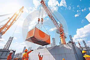 A crane is lifting a large orange container