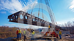 Crane Lifting a Steel Bridge Section During Construction
