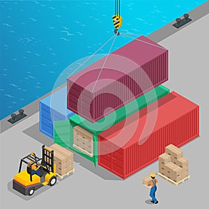 Crane lifts a big container with cargo isometric. Global logistics. Freight transportation 3d concept. Cargo loading