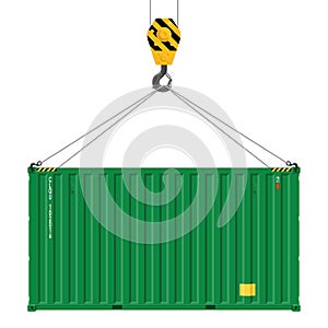 Crane lifts with cargo container. Industrial crane hook and Transportation Container isolated on white background. Freight