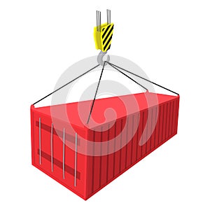 Crane lifts a red container with cargo icon