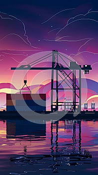 Crane loading cargo container, logistic sea port concept, neural network art