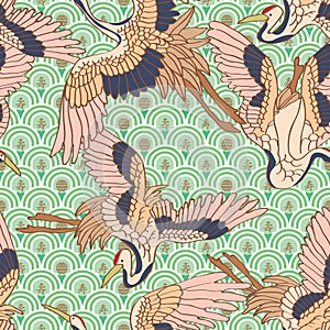 Crane long life evergreen seamless pattern