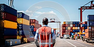 Crane operator in a busy seaport, cargo containers in the background.