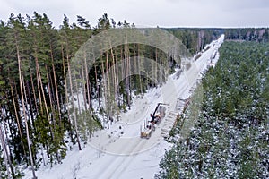 Crane in pine forest loading logs in the truck for transportation