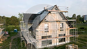 Crane shot of a German single family house under construction
