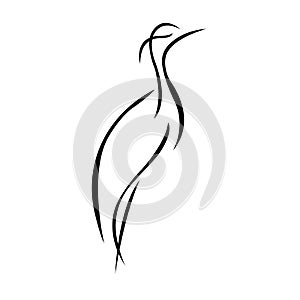 Crane silhouette drawn in black lines on a white background. Linear style bird heron. Logo for prints, tattoo, emblem