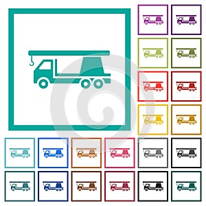 Crane truck flat color icons with quadrant frames