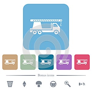 Crane truck flat icons on color rounded square backgrounds