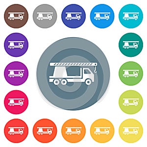 Crane truck flat white icons on round color backgrounds