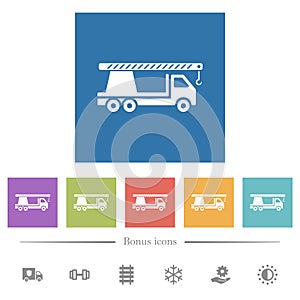 Crane truck flat white icons in square backgrounds