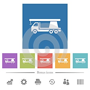 Crane truck flat white icons in square backgrounds