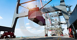 Crane unloading container in port