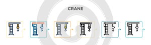 Crane vector icon in 6 different modern styles. Black, two colored crane icons designed in filled, outline, line and stroke style