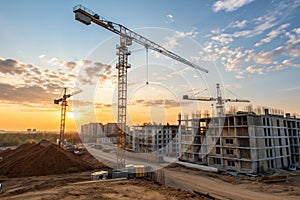 Crane working on construction site at sunset