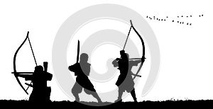 Samurai-archer with bow in field. Vector silhouette
