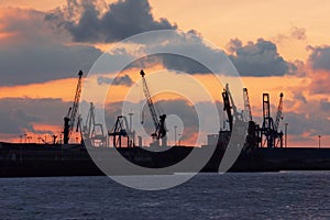 Cranes in Bilbao harbour at sunset
