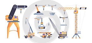 Cranes for builders. Construction vehicles industrial loaders hoisting machines ropes with hook transporters garish