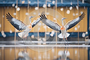 cranes in a choreographed wing-flapping performance
