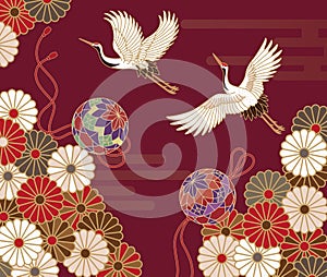 Cranes and chrysanthemums Japanese traditional pattern