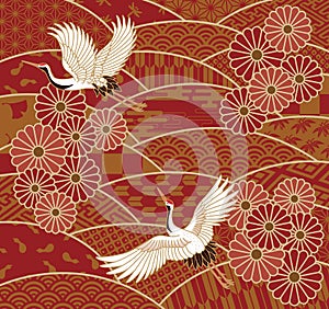 Cranes and chrysanthemums Japanese traditional wave pattern