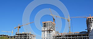 Cranes construction panorama. Building construction growth and global construction industry