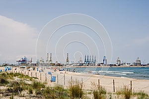 Cranes of longshoremen in the seaport of Valencia in the Mediterranean