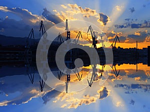 Cranes in Sestao with sunset sun rays