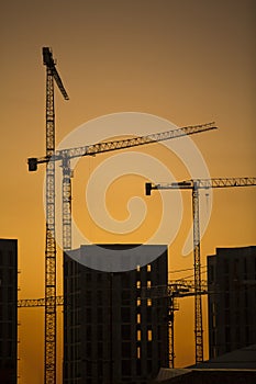 Cranes at sunset. Industrial construction cranes and building silhouettes over sun at sunrise. In vertical format.