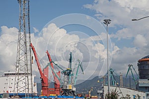 Cranes at the terminal cargo port, cargo cranes without work in an empty port harbor. Defaulted paralyzed the entire economy of