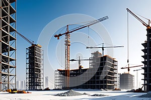 Cranes Towering Over an Unfinished Skyscraper: Steel Beams Forming Skeletal Floors, Concrete Mixers at Work photo