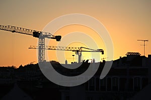 Cranes working at sunset in Lisbon