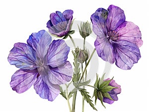 Cranesbill colorful flower watercolor isolated on white background