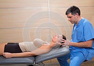 Cranial osteopathy therapy doctor hands in woman head photo