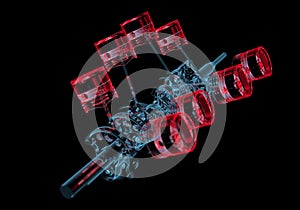 Crank shaft with pistons (3D xray red and blue transparent)