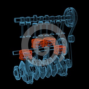 Crank shaft with pistons (3D xray red and blue transparent)