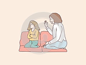 Cranky daughter being scolded by mother simple korean style illustration