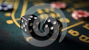 Craps dice rolled on casino gambling table felt, playing poker dice