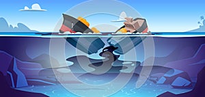 Crash accident in water. Broken sea sailor ship damaged and explosion pollution environment exact vector cartoon