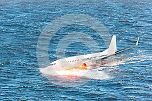 Crash of the airplane falling into the sea, an explosion hit by splashing on the water