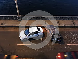 Crash or auto accident on the bridge, top view