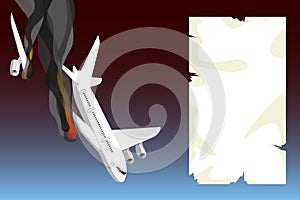 Crash, catastrophe of a passenger plane, airliner with template blank paper for inscriptions