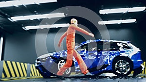 Crash test funny dummy, mannequin dancing. Car crash. Realistic 4k animation.